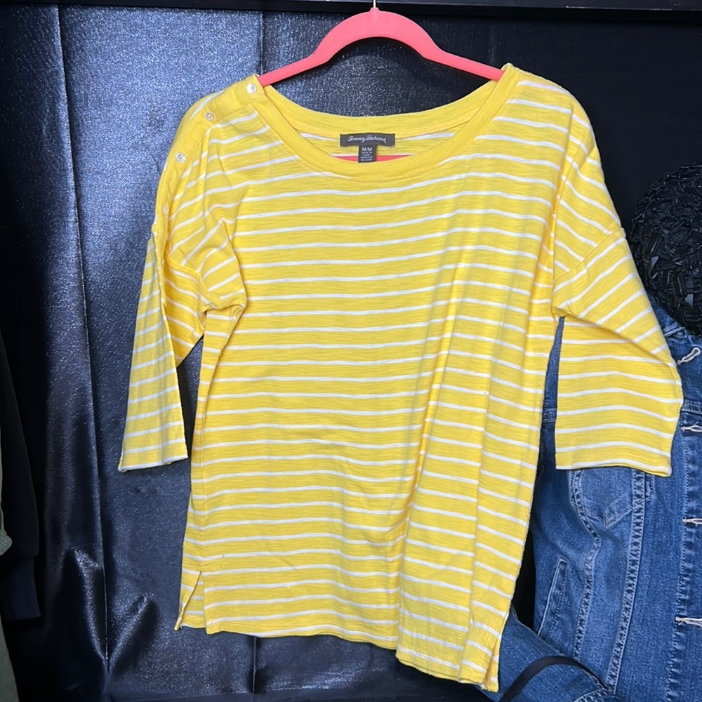 Tommy Bahama size medium yellow and white striped 3/4 length top,T-shirt,blouse